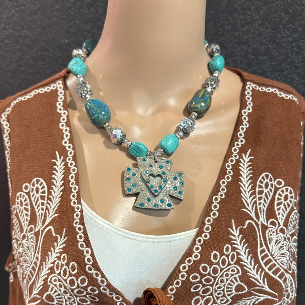 Turquoise and Silver Cross Pendant Necklace - Picture 1 of 3